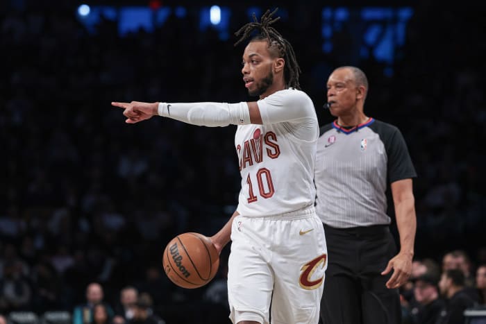 Mar 21, 2023; Brooklyn, New York, USA; Cleveland Cavaliers guard Darius Garland (10) dribbles up court during the first half against the Brooklyn Nets at Barclays Center.